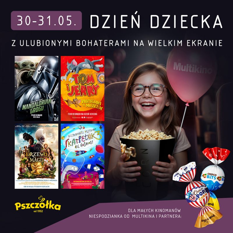 Kadr prezentuje radosne dziecko cieszące się seansem kinowym w otoczeniu kolorowych słodyczy marki Pszczółka oraz promocyjnych afiszy filmowych. Ciemne tło sali kinowej kontrastuje z jasnymi napisami zapowiadającymi wydarzenia zaplanowane na koniec maja.