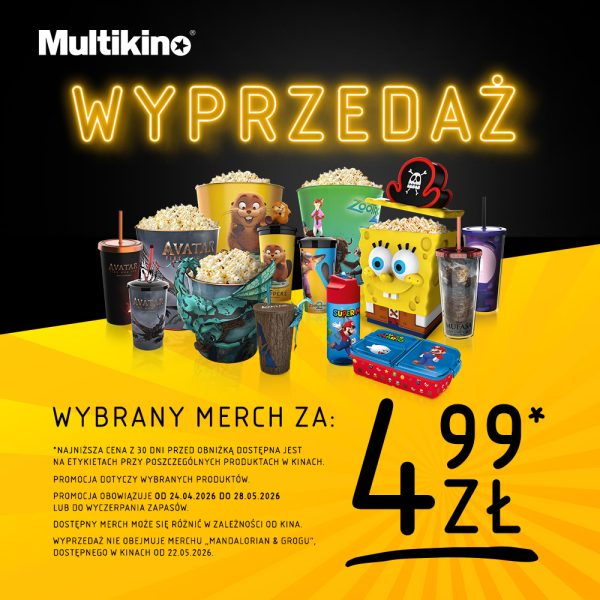 Plakat z dużym, neonowym napisem „WYPRZEDAŻ” zawiera szczegółowe informacje o czasie trwania promocji od kwietnia do maja 2026 roku. Pod rzędem kolorowych gadżetów kinowych umieszczono zastrzeżenia prawne oraz informację, że oferta obowiązuje do wyczerpania zapasów.