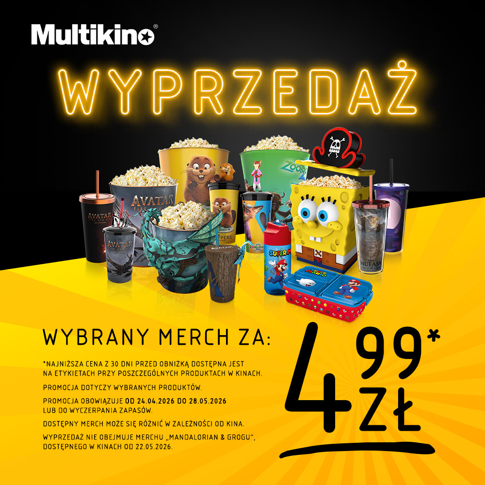 Plakat z dużym, neonowym napisem „WYPRZEDAŻ” zawiera szczegółowe informacje o czasie trwania promocji od kwietnia do maja 2026 roku. Pod rzędem kolorowych gadżetów kinowych umieszczono zastrzeżenia prawne oraz informację, że oferta obowiązuje do wyczerpania zapasów.