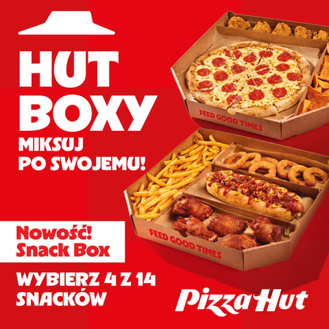 Otworzone tekturowe pudełko Hut Box z pizzą i frytkami na czerwonym tle Pizza Hut Pasaż Grunwaldzki