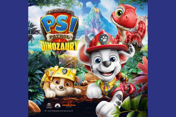 Plakat wydarzenia Psi Patrol i Dinozaury w Pasażu Grunwaldzkim przedstawiający pieski Chase Marshall Skye Rex oraz dinozaury
