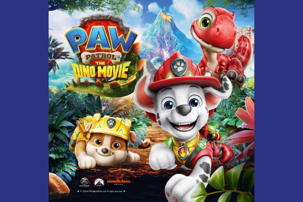 Plakat wydarzenia Psi Patrol i Dinozaury w Pasażu Grunwaldzkim przedstawiający pieski Chase Marshall Skye Rex oraz dinozaury