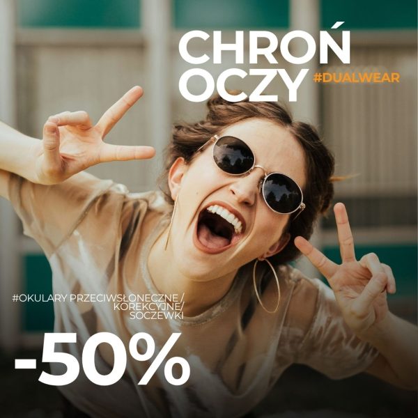 Radosna kobieta w okularach przeciwsłonecznych akcja promocyjna Chron oczy minus 50 procent na druga pare w Soczewki24.pl Pasaż Grunwaldzki