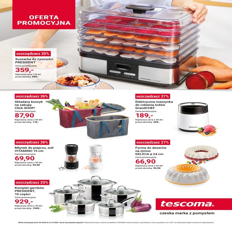 Grafika reklamowa marki Tescoma prezentuje ofertę promocyjną na różnorodne akcesoria kuchenne, w tym suszarkę do żywności, składane koszyki, maszynkę do lodów oraz zestawy garnków i formy do deserów. Każdy produkt został opatrzony czerwoną etykietą z procentową wartością oszczędności, ceną promocyjną oraz logotypem marki w prawym dolnym rogu.