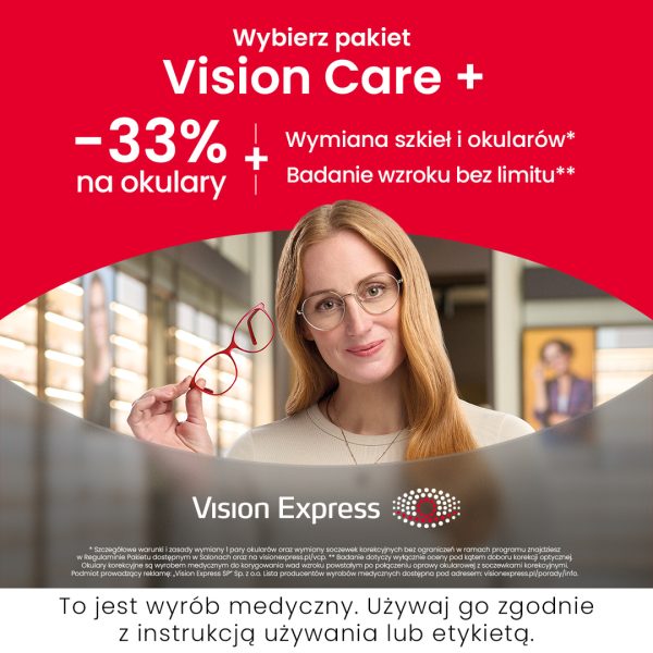 Grafika promuje pakiet „Vision Care +” w Vision Express, oferujący rabat -33% na okulary oraz nielimitowane badania wzroku i wymianę szkieł. W centralnej części widać uśmiechniętą kobietę w okularach korekcyjnych, która trzyma w dłoni drugą parę oprawek w kolorze czerwonym.
