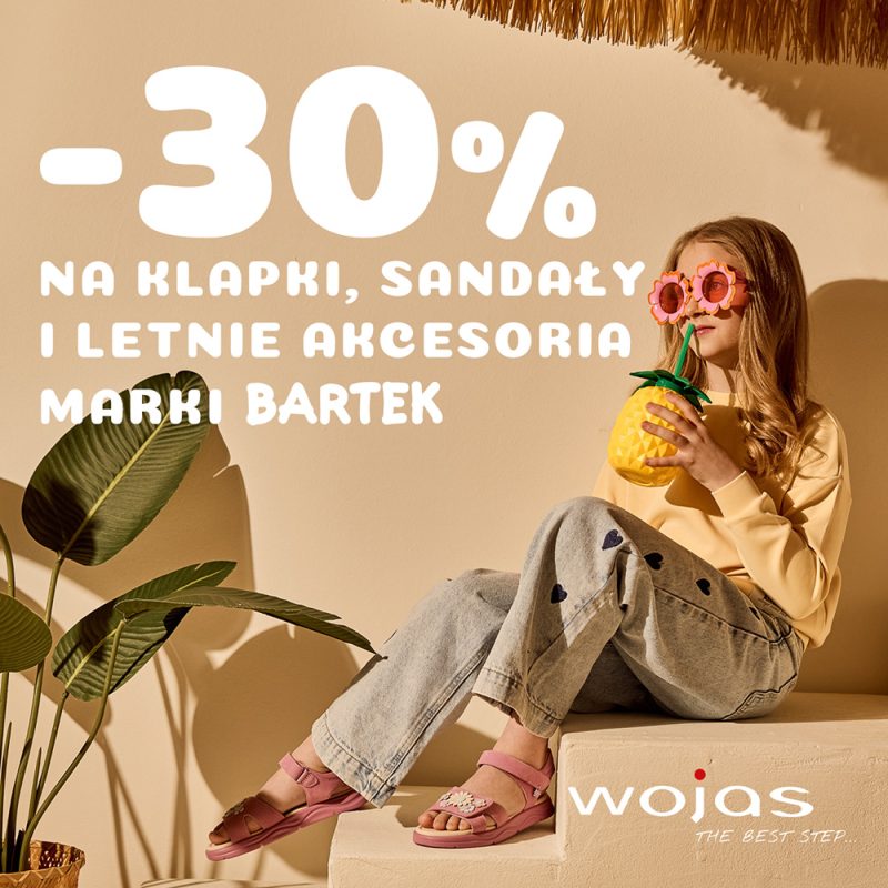 Zdjęcie promocyjne prezentuje ofertę obuwia i dodatków dla dzieci w słonecznej, plażowej aranżacji z egzotyczną roślinnością. Centralnym punktem po lewej stronie jest wyraźne zestawienie tekstu ogłaszającego trzydziestoprocentową zniżkę na asortyment marki Bartek, idealną na upalne dni.