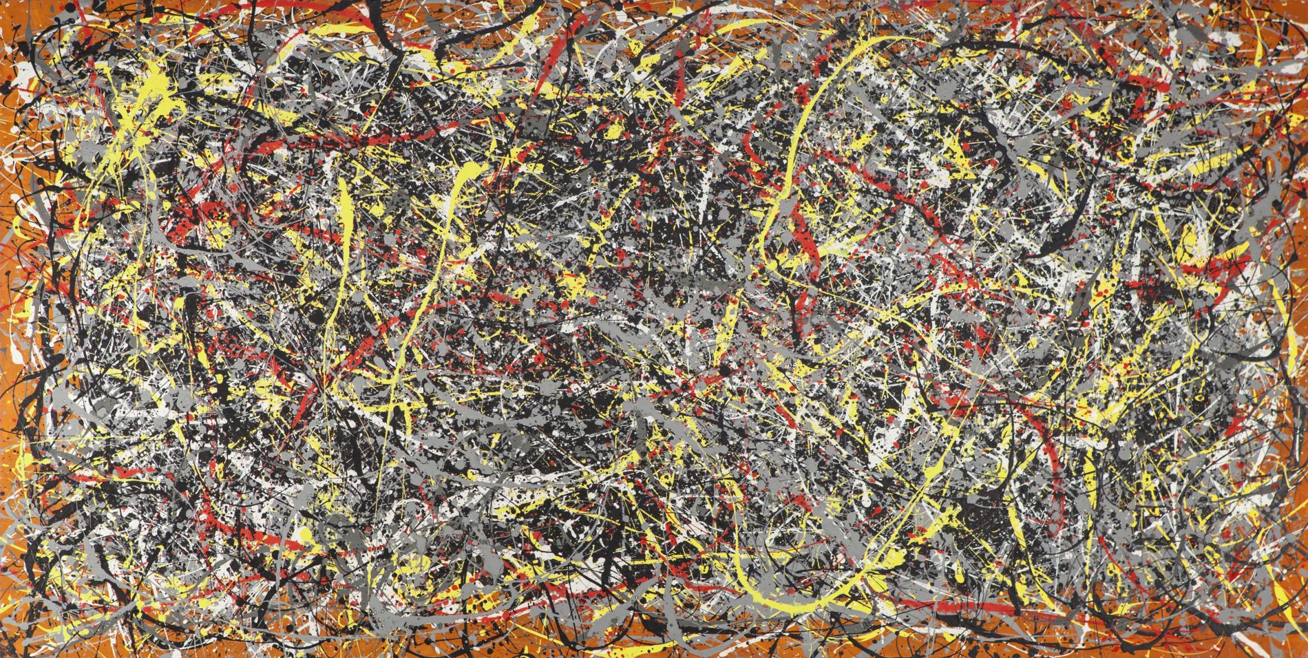 Obraz Jacksona Pollocka „No. 5, 1948” z 1948 roku, przedstawiający abstrakcyjną kompozycję - gęstą sieć żółtych, brązowych, białych i czarnych smug.