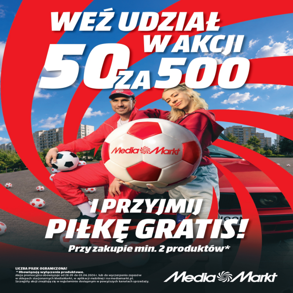 Grafika reklamowa w jasnych, pastelowych barwach przedstawia informację o akcji promocyjnej z hasłem „ZYSKAJ 50 ZŁ NA KOLEJNE ZAKUPY”. W centralnej części umieszczono warunki oferty mówiące o zakupach za minimum 500 zł, a całą kompozycję dopełniają rysunkowe motywy roślinne oraz torby zakupowe.