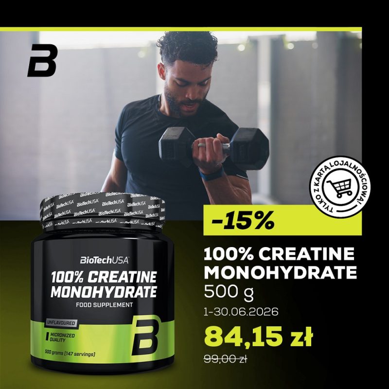 Grafika promocyjna BioTechUSA przedstawia czarną puszke z suplementem „100% CREATINE MONOHYDRATE” na pierwszym planie, a w tle widać ćwiczącego mężczyznę podnoszącego hantel. Po prawej stronie, na ciemnym tle z jaskrawozielonymi akcentami, umieszczono informację o zniżce piętnaście procent, nowej cenie 84,15 zł oraz dopisek, że oferta obowiązuje z kartą lojalnościową w czerwcu 2026 roku.