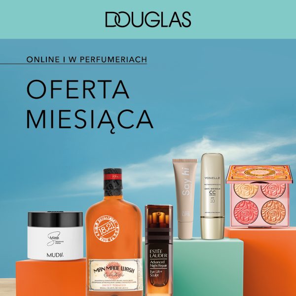 Plakat promocyjny z logotypem Douglas i dużym napisem Oferta Miesiąca prezentujący markowe kosmetyki na tle błękitnego nieba