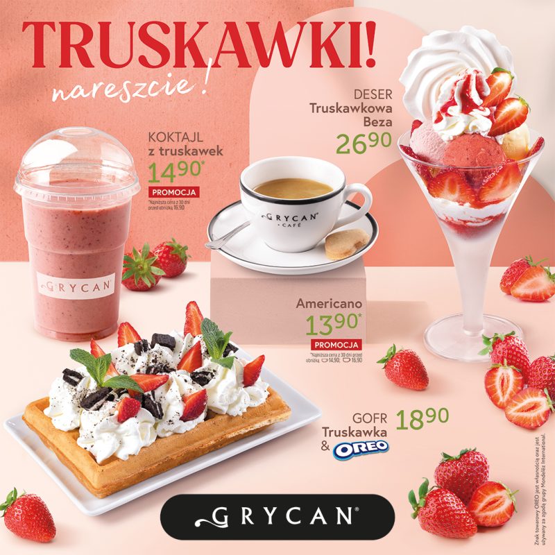 Grafika reklamowa marki Grycan przedstawia ofertę deserów truskawkowych na jasnoróżowym tle udekorowanym świeżymi owocami. Na zdjęciu widoczny jest koktajl w plastikowym kubku, gofr z bitą śmietaną i ciasteczkami Oreo, filiżanka kawy Americano oraz bogato zdobiony deser lodowy z bezą w wysokim pucharze.