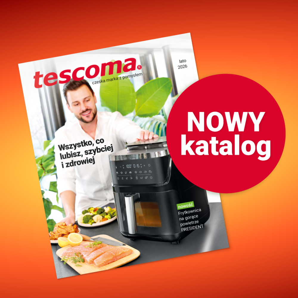 Kwadratowa grafika wizerunkowa marki Tescoma zapowiadająca premierę letniego katalogu z przepisami i przyborami kuchennymi