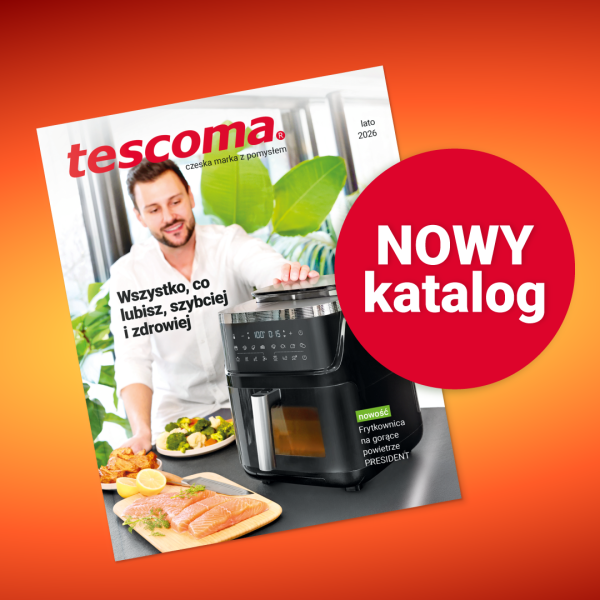 Kwadratowa grafika wizerunkowa marki Tescoma zapowiadająca premierę letniego katalogu z przepisami i przyborami kuchennymi