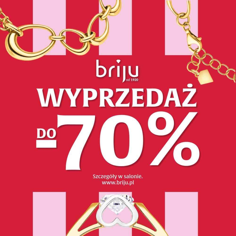 Kwadratowy plakat promocyjny z logotypem marki Briju i geometrycznymi akcentami, prezentujący informację o wielkiej wyprzedaży z rabatami do 70 procent