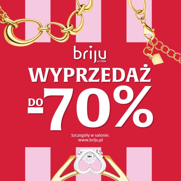 Kwadratowy plakat promocyjny z logotypem marki Briju i geometrycznymi akcentami, prezentujący informację o wielkiej wyprzedaży z rabatami do 70 procent