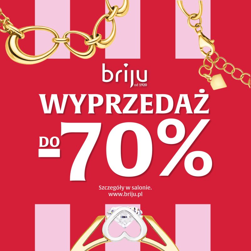 Kwadratowy plakat promocyjny z logotypem marki Briju i geometrycznymi akcentami, prezentujący informację o wielkiej wyprzedaży z rabatami do 70 procent