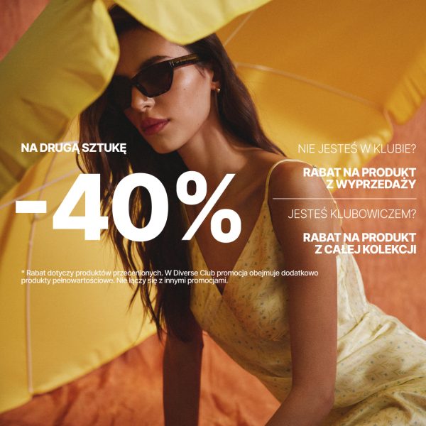 Kwadratowa grafika reklamowa w ciepłych barwach zapowiadająca dodatkowe zniżki minus czterdzieści procent na drugi produkt w sklepach odzieżowych Diverse