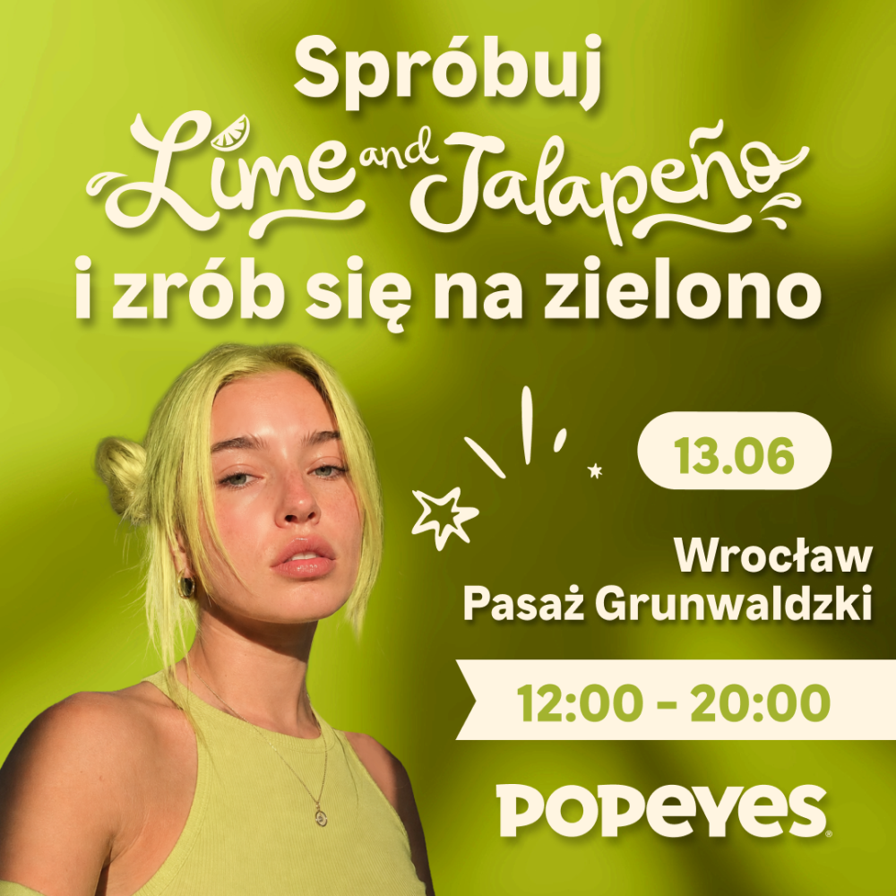 Kwadratowa, dynamiczna grafika reklamowa marki Popeyes informująca o sobotniej strefie customizacji i nowym limitowanym menu