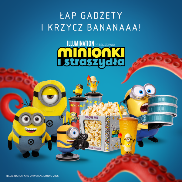 Ekspozycja filmowych zabawek i kubków kolekcjonerskich z animacji Minionki i straszydła z dużym kubkiem bananowego popcornu z Multikina