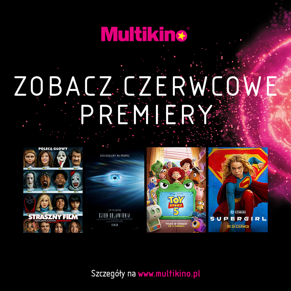 Plakat promocyjny przedstawia zestawienie nadchodzących hitów kinowych zaplanowanych na czerwiec 2026 roku. Na ciemnym tle wyróżnia się różowe logo marki oraz miniatury oficjalnych afiszy filmowych prezentujących zróżnicowane gatunki od horroru i science-fiction, po animację i kino bohaterskie.
