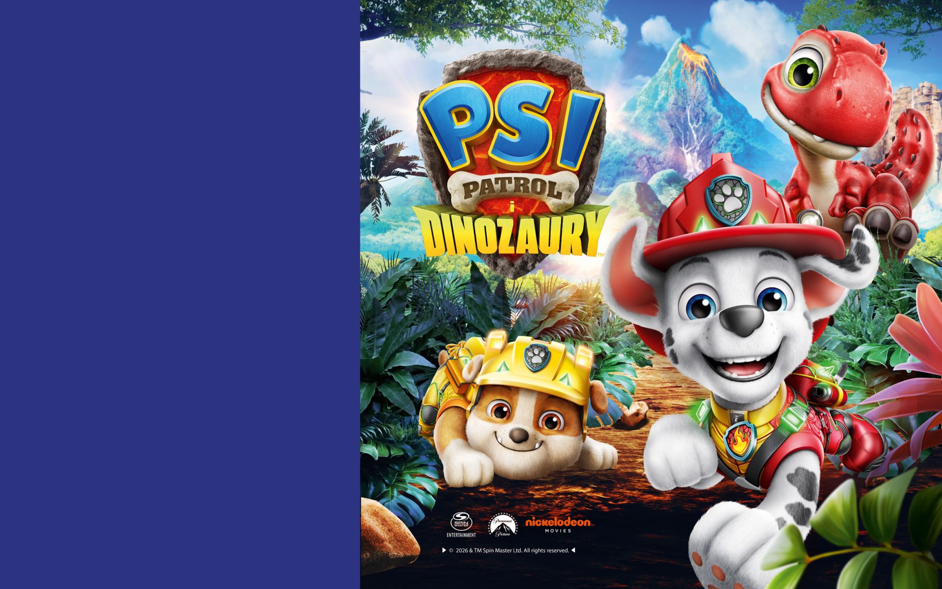 Bohaterowie bajki Psi Patrol Marshall i Rubble oraz czerwony dinozaur w dżungli na banerze wydarzenia w Pasażu Grunwaldzkim