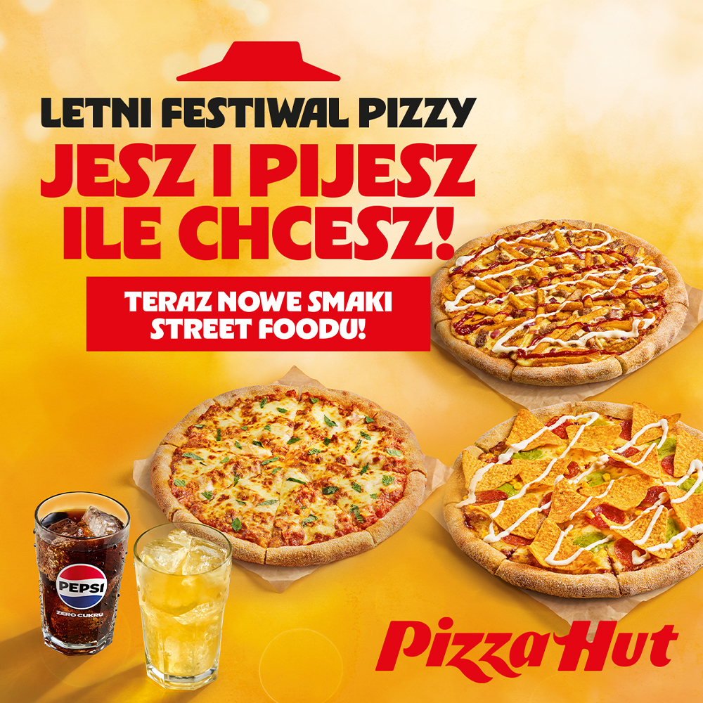 Grafika promocyjna Pizza Hut przedstawiająca trzy pyszne pizze z nowej linii Street Food oraz szklanki z napojami z lodem na słonecznym, żółtym tle z dużym napisem Letni Festiwal Pizzy Jesz i pijesz ile chcesz