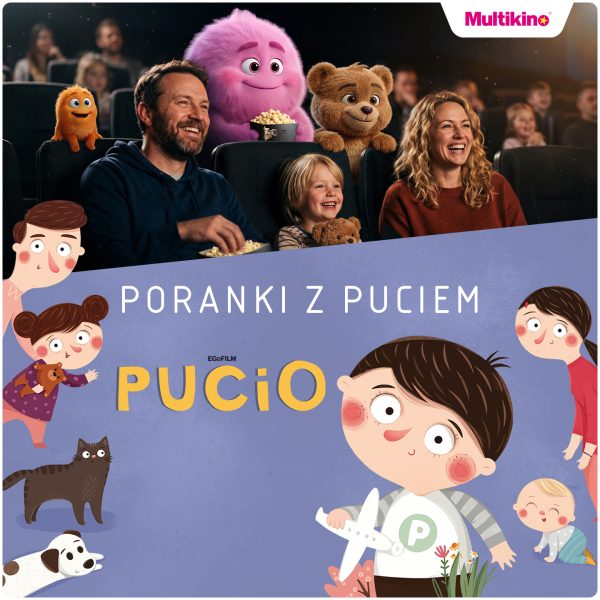 Ilustracja z książki przedstawiająca całą rodzinę Pucia i widownie oglądającą seans w Kinie w Pasażu Grunwaldzkim