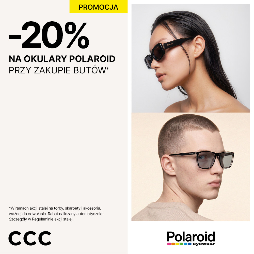 Grafika reklamowa podzielona jest na jasną sekcję tekstową z żółtym akcentem „PROMOCJA” po lewej stronie oraz dwa zdjęcia modeli po prawej stronie. Ukazane profile osób eksponują nowoczesne oprawki okularowe, a całość dopełnia czytelna informacja o zniżce na akcesoria.