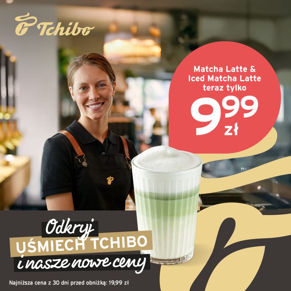 Plakat promocyjny Tchibo z dużym czerwonym kołem informującym o cenie 9,99 zł za Matcha Latte i Iced Matcha Latte