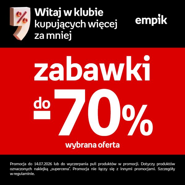 Plakat promocyjny sieci Empik ma czerwone tło w centralnej części, na którym umieszczono duże, białe napisy „zabawki do -70%” oraz dopisek „wybrana oferta”. W górnej, czarnej sekcji widnieje hasło „Witaj w klubie kupujących więcej za mniej” wraz z białym logo marki oraz trójwymiarowym znakiem procentu.