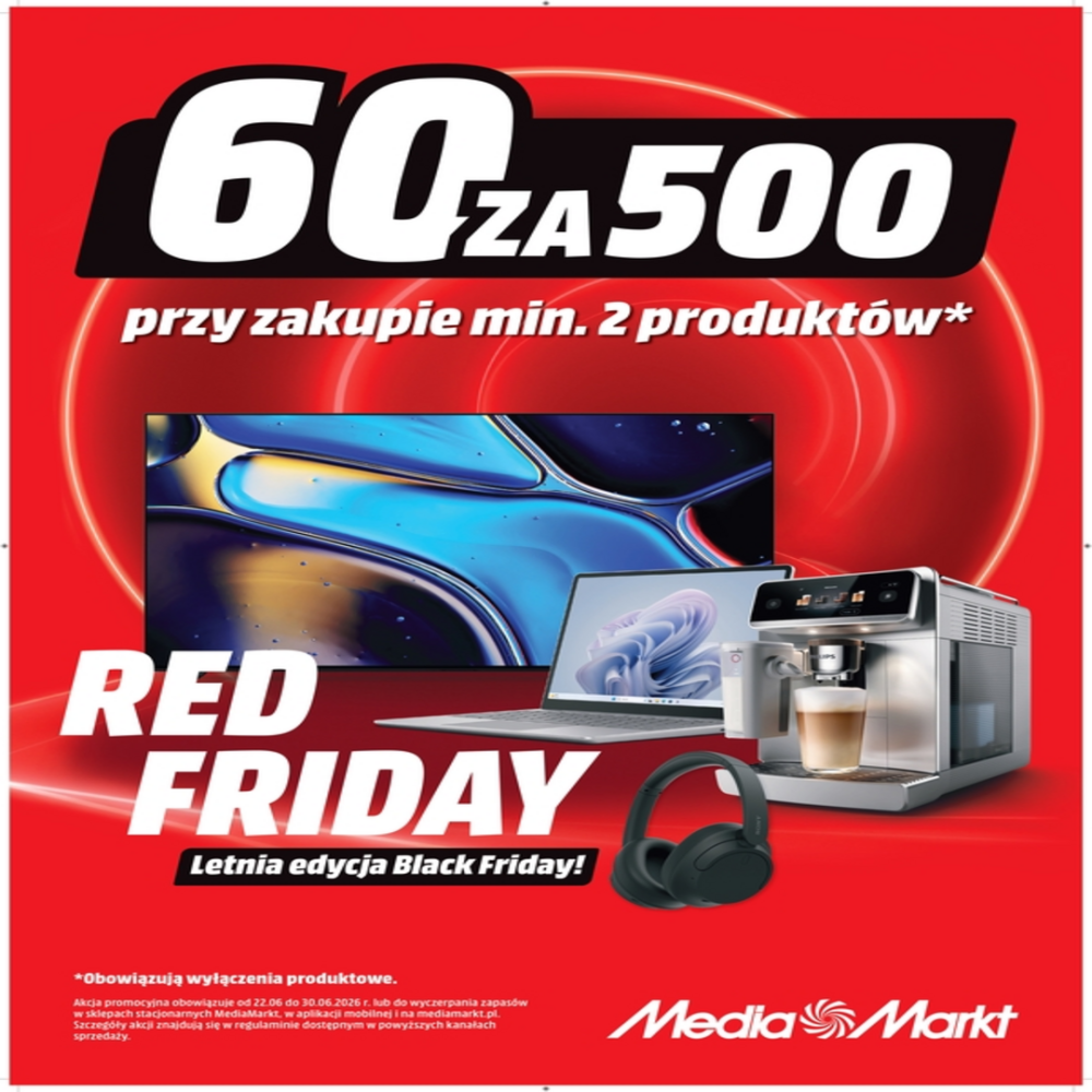 Plakat promocyjny sieci MediaMarkt przedstawia duży, trójwymiarowy napis „RED FRIDAY WEEK” w kolorze czerwonym z białym obramowaniem, umieszczony na ciemnym tle z geometrycznymi wzorami. W lewym górnym rogu znajduje się charakterystyczne logo marki, a cała grafika sygnalizuje okres wyjątkowych okazji cenowych.