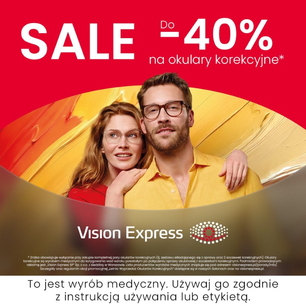 Zdjęcie wizerunkowe kampanii salonu optycznego prezentuje ofertę rabatową do 40% na okulary korekcyjne, zilustrowaną duetem modeli w jasnych ubraniach. Całość kompozycji dopełniają szczegółowe warunki promocji zapisane drobnym drukiem na dole grafiki.