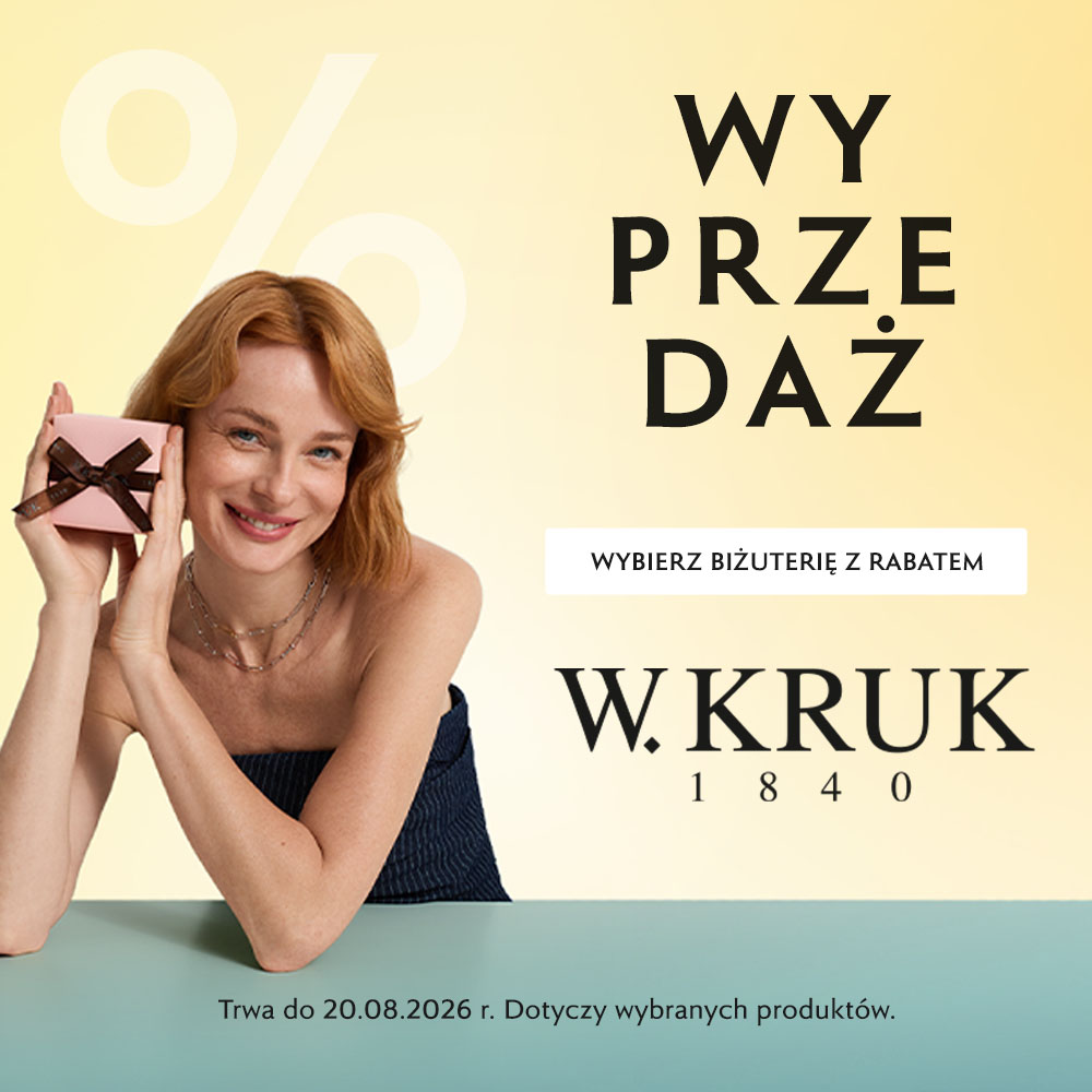 Plakat promocyjny marki W.KRUK przedstawia uśmiechniętą, rudowłosą kobietę trzymającą małe różowe pudełeczko z prezentem na jasnym, pastelowym tle. Po prawej stronie umieszczono duże napisy „WYPRZEDAŻ” oraz hasło „WYBIERZ BIŻUTERIĘ Z RABATEM” wraz z logo marki i informacją o dacie zakończenia akcji.