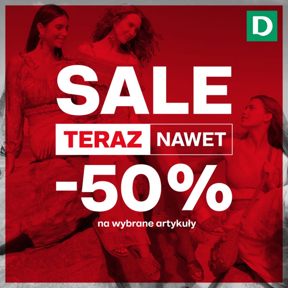 Grafika promocyjna marki Deichmann informująca o promocji do -50% na wybrane artykuły.
