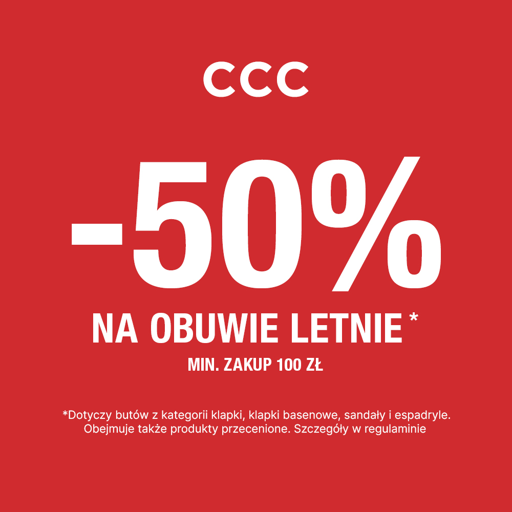 Grafika reklamowa sklepu CCC na czerwonym tle z dużym, białym napisem „-50% NA OBUWIE LETNIE*” oraz informacją o minimalnej kwocie zakupu wynoszącej 100 zł. Na dole znajduje się mniejszy druczek wyjaśniający, że promocja dotyczy m.in. klapek, sandałów i espadryli, w tym produktów już przecenionych.