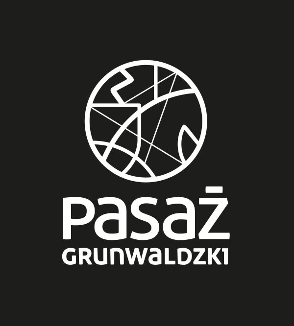 Logo Pasażu Grunwaldzkiego na czarnym tle.