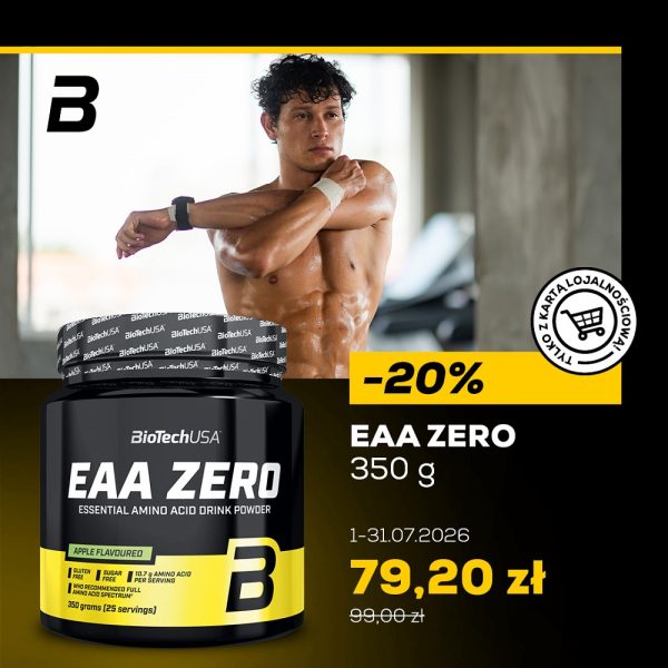 Grafika promocyjna sklepu BioTechUSA przedstawiająca suplement EAA Zero o smaku jabłkowym w opakowaniu 350 g. Na pierwszym planie widoczny jest czarno-żółty pojemnik produktu, a w tle umięśniony mężczyzna wykonuje rozciąganie po treningu. Promocja obowiązuje od 1 do 31 lipca 2026 roku i oferuje 20% zniżki dla posiadaczy karty lojalnościowej. Cena produktu została obniżona z 99,00 zł do 79,20 zł.