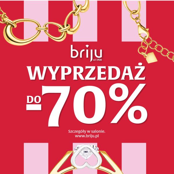 Grafika reklamowa marki Briju informuje o wyprzedaży biżuterii z rabatami sięgającymi do -70%. Na czerwono-różowym tle w pasy zaprezentowano złoty łańcuszek, bransoletkę oraz pierścionek z dużym oczkiem.
