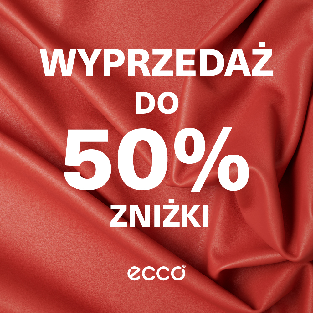 Grafika promocyjna marki ECCO przedstawia pofałdowany, czerwony materiał przypominający skórę, na którym umieszczono duże białe napisy. Na środku widnieje hasło „WYPRZEDAŻ DO 50% ZNIŻKI”, a na samym dole znajduje się białe logo marki ECCO.