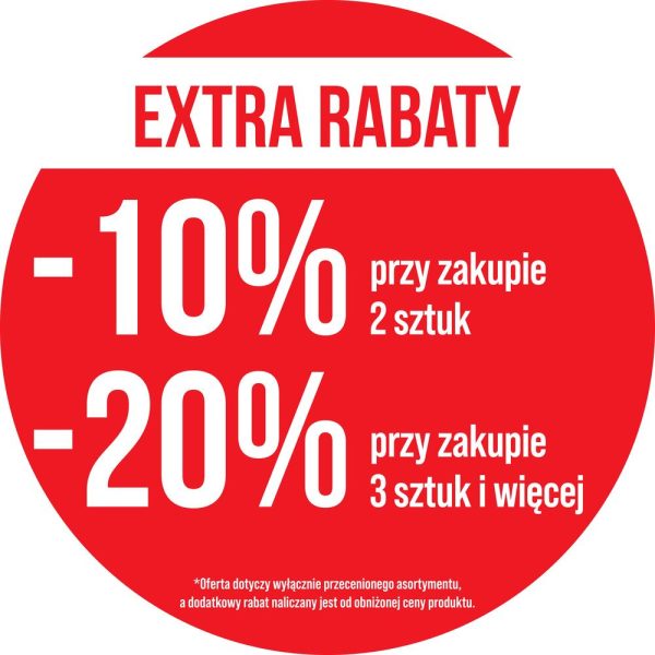 Grafika promocyjna w kształcie czerwonego koła informuje o akcji „EXTRA RABATY”. Na tle umieszczono białe napisy oferujące rabat „-10% przy zakupie 2 sztuk” oraz „-20% przy zakupie 3 sztuk i więcej” na przeceniony asortyment.