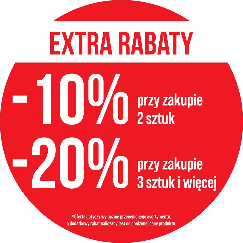 Grafika promocyjna w kształcie czerwonego koła informuje o akcji „EXTRA RABATY”. Na tle umieszczono białe napisy oferujące rabat „-10% przy zakupie 2 sztuk” oraz „-20% przy zakupie 3 sztuk i więcej” na przeceniony asortyment.
