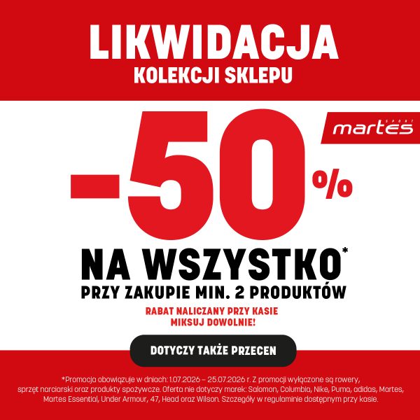 Grafika promocyjna sklepu Martes Sport informująca o likwidacji kolekcji. Na białym i czerwonym tle znajduje się informacja o rabacie -50% na wszystko przy zakupie minimum dwóch produktów oraz wzmianka, że promocja obejmuje także przeceny.