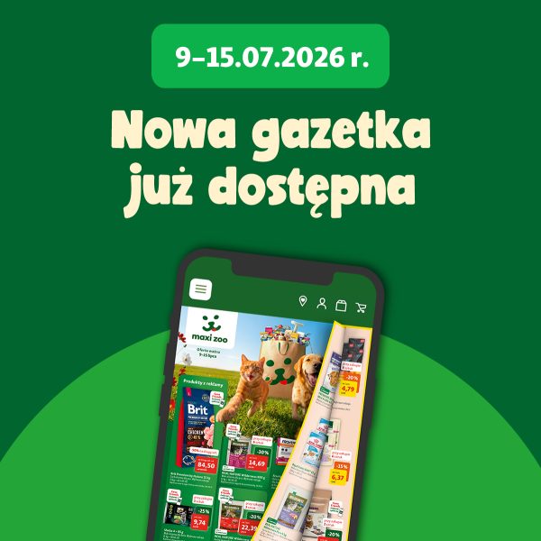 Grafika reklamowa sklepu Maxi Zoo informuje o dostępności nowej gazetki promocyjnej obowiązującej w dniach 9–15 lipca 2026 roku. Na zielonym tle umieszczono smartfon, na którego ekranie widać okładkę gazetki ze zdjęciem psa i kota oraz podgląd stron z przecenioną karmą i artykułami dla zwierząt.