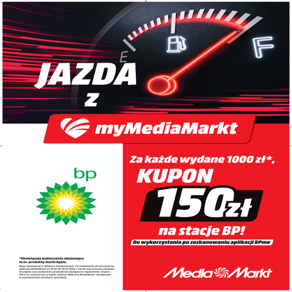 Grafika reklamowa marki MediaMarkt przedstawia licznik samochodowy na dynamicznym, czerwonym tle z hasłem „JAZDA Z myMediaMarkt”. Na dole umieszczono logo stacji bp oraz informację o promocji, w której za każde wydane 1000 zł można otrzymać kupon na stacje BP o wartości 150 zł.