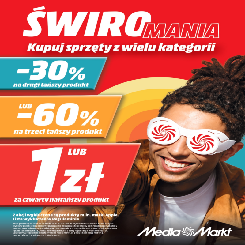 Grafika promocyjna MediaMarkt na czerwonym tle z hasłem „ŚWIROMANIA”. Promocja obejmuje zakup sprzętu z wielu kategorii z rabatami: 30% na drugi tańszy produkt, 60% na trzeci tańszy produkt lub czwarty najtańszy produkt za 1 zł. Po prawej stronie znajduje się uśmiechnięta osoba w okularach z czerwono-białym spiralnym wzorem na szkłach. W dolnej części umieszczono logo MediaMarkt oraz informacje o warunkach promocji.