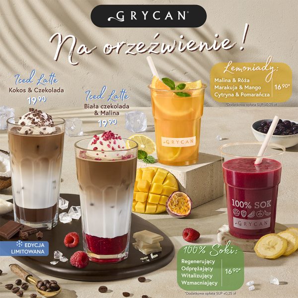 Grafika przedstawia letnią ofertę napojów marki Grycan, w której skład wyprzedają m.in. kawy mrożone Iced Latte, orzeźwiające lemoniady oraz świeżo wyciskane 100% soki. Całość zaaranżowano na jasnym tle w otoczeniu świeżych owoców, kostek lodu, ziaren kawy i czekolady wraz z podanymi cenami i nazwami wariantów smakowych.