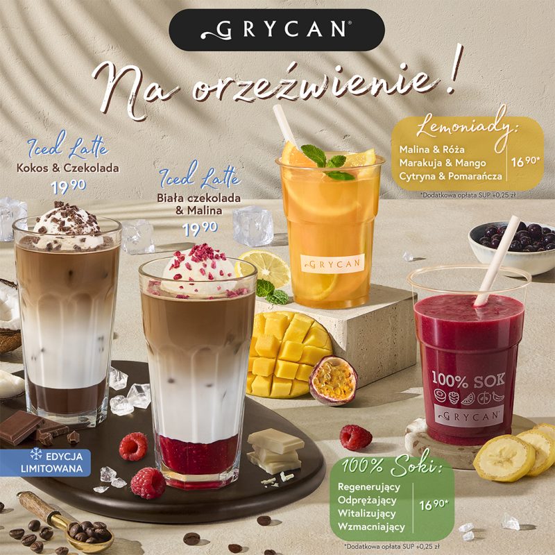 Grafika przedstawia letnią ofertę napojów marki Grycan, w której skład wyprzedają m.in. kawy mrożone Iced Latte, orzeźwiające lemoniady oraz świeżo wyciskane 100% soki. Całość zaaranżowano na jasnym tle w otoczeniu świeżych owoców, kostek lodu, ziaren kawy i czekolady wraz z podanymi cenami i nazwami wariantów smakowych.