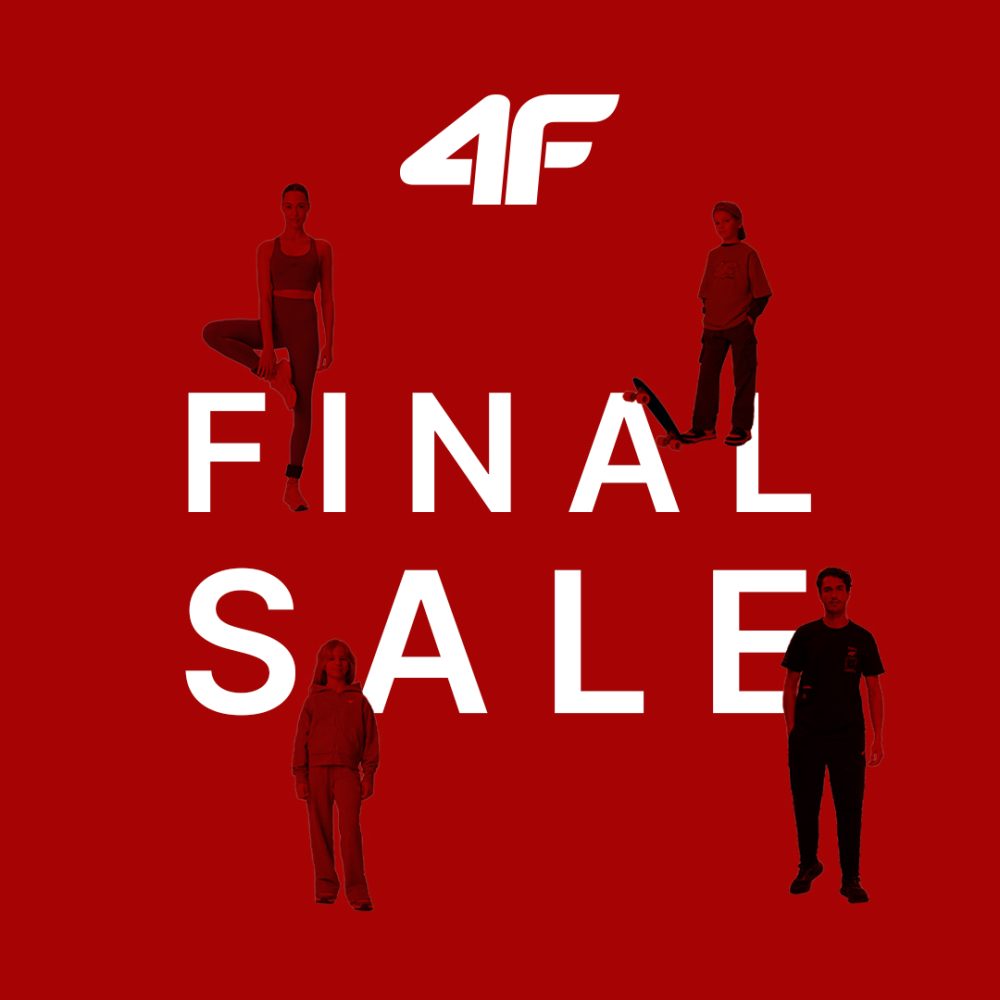 Plakat promocyjny wyprzedaży marki 4F na czerwonym tle. U góry umieszczono logo 4F, a w centrum duży napis FINAL SALE z grafikami przedstawiającymi modele w ubraniach sportowych i rekreacyjnyc