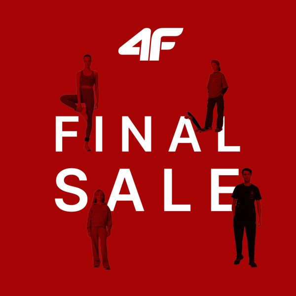 Plakat promocyjny wyprzedaży marki 4F na czerwonym tle. U góry umieszczono logo 4F, a w centrum duży napis FINAL SALE z grafikami przedstawiającymi modele w ubraniach sportowych i rekreacyjnyc
