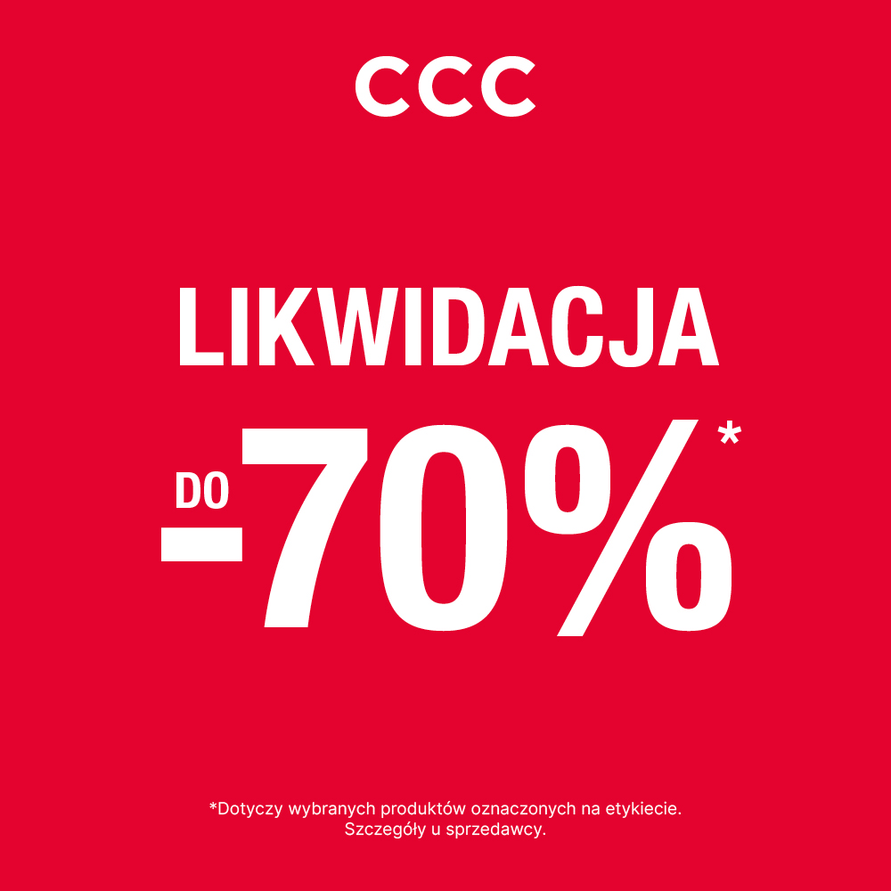 Kwadratowy plakat promocyjny salonu CCC w Pasażu Grunwaldzkim na intensywnym czerwonym tle z dużym białym napisem LIKWIDACJA do minus siedemdziesiąt procent oraz dopiskiem na dole informującym o szczegółach u sprzedawcy.